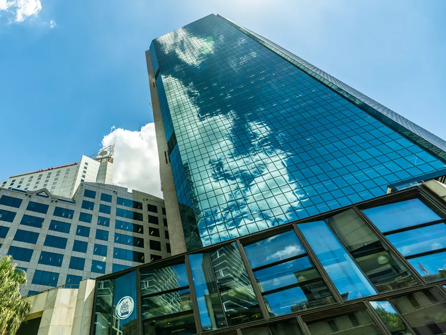 Extreme low angle looking up to the high rise of the A-Grade Building of Servcorp Gateway