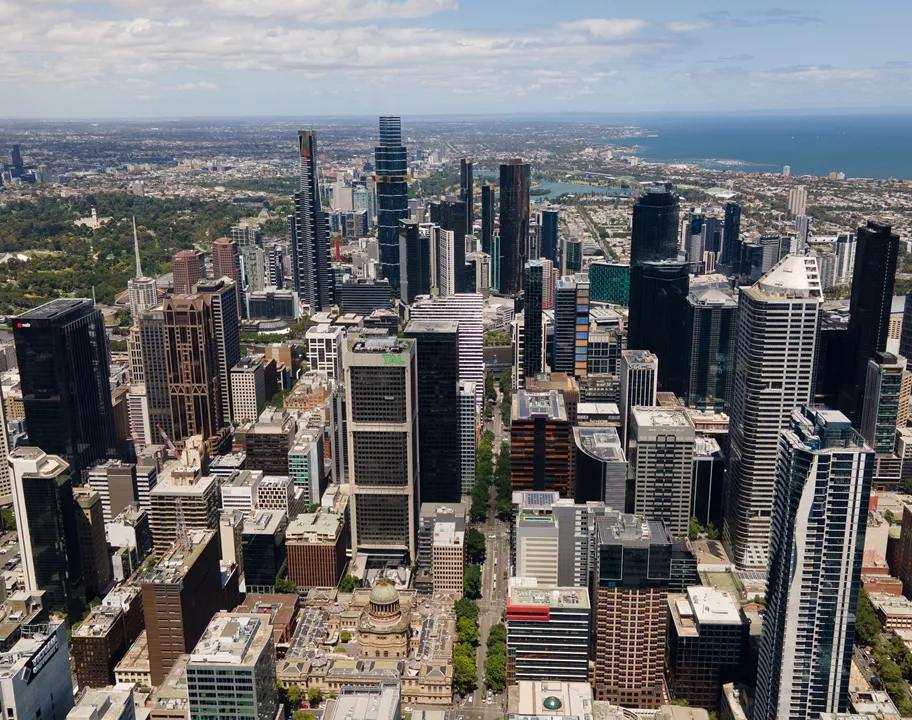 Drone shot of Melbourne CBD taken from Servcorp 140 William Street, Melbourne