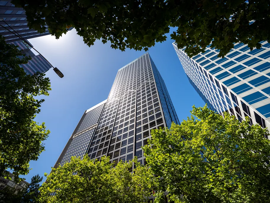 Low angle view of an A grade building of Servcorp 140 William Street, Melbourne