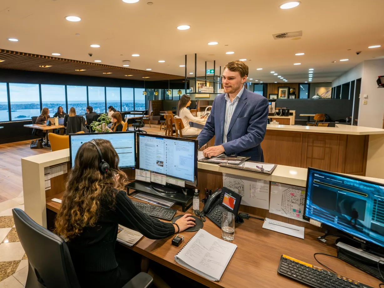 A client talking to the receptionist in a modern coworking space in Servcorp 25 Martin Place