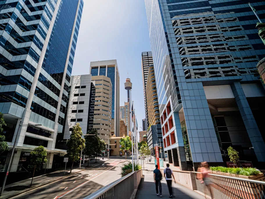 Ground view of Sydney CBD. An A grade building of Servcorp 44 Market Street in the distance