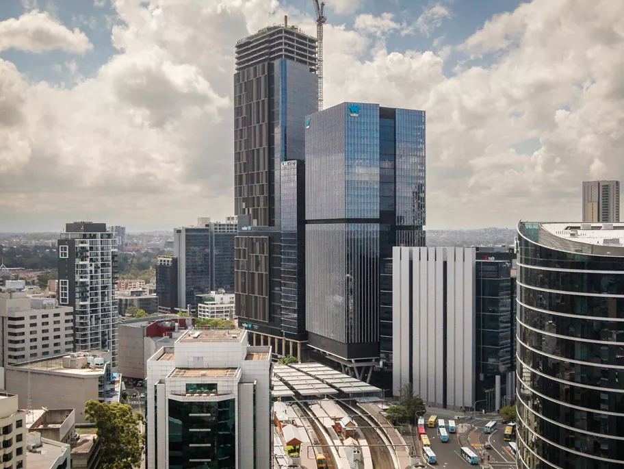 Drone overlooking Parramatta with Servcorp 3 Parramatta Square in the centre right