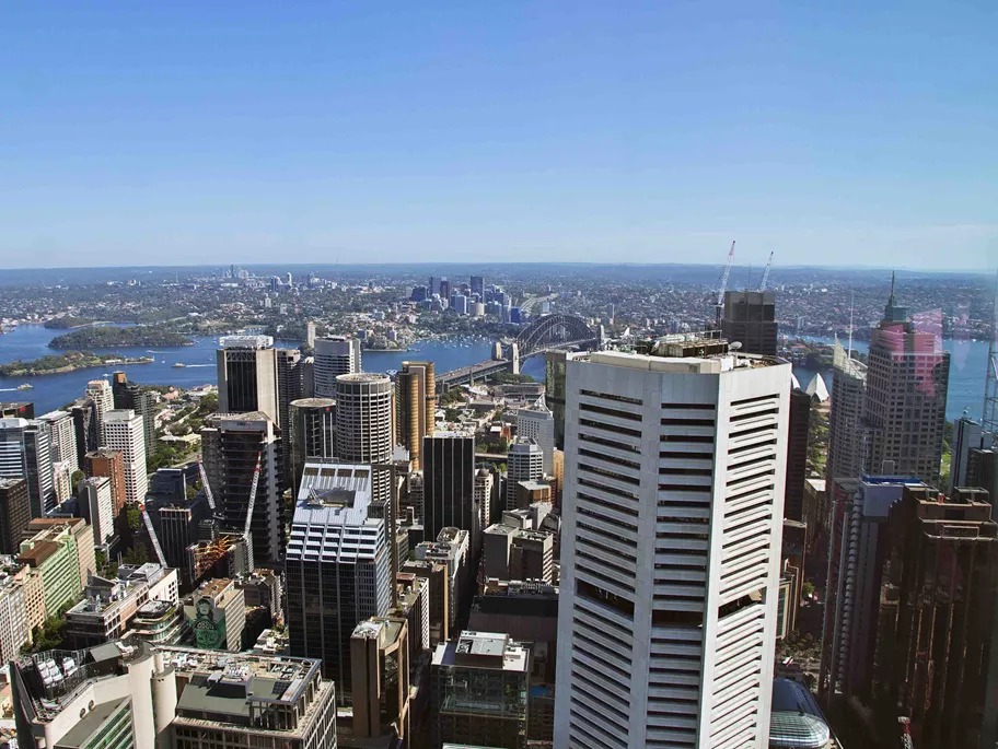 Drone shot of Sydney CBD and the cityscape. Servcorp 25 Martin Place in the Centre