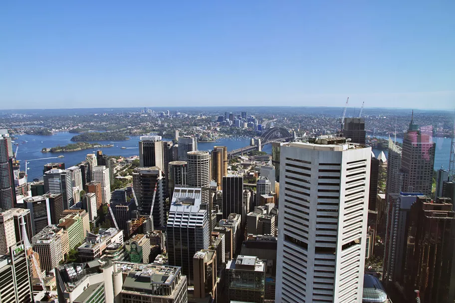 Drone shot of Sydney CBD and the cityscape. Servcorp 25 Martin Place in the Centre